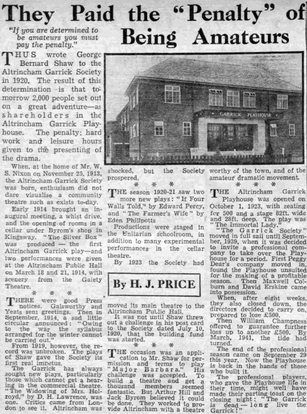 An article on the history of the Altrincham Garrick Playhouse - From the Manchester Evening News, 26th of October 1945. Note the opening date in the article is wrongly stated as 1923 when it should have read 1932.