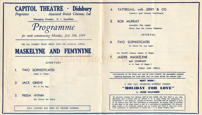 Programme Details for the Magician Jasper Maskelyne performing at the Capitol Theatre, Didsbury in July 1949 - Courtesy Simon Moss, stagememories. 