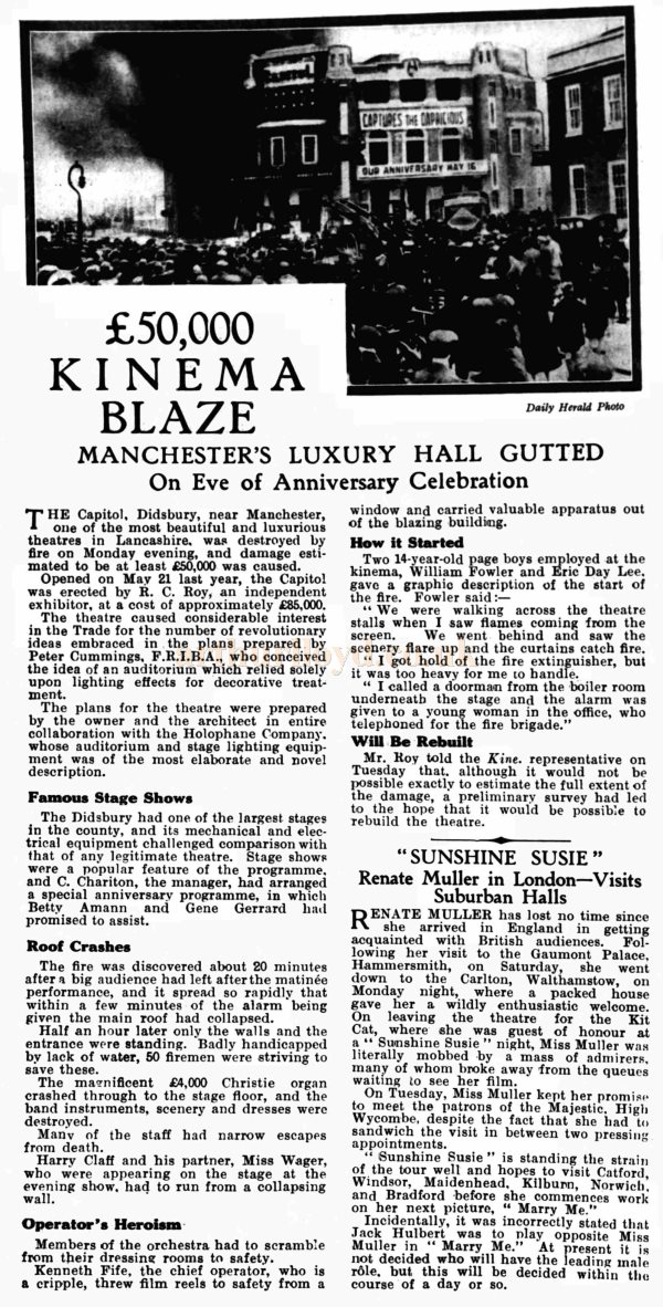 An Article and Image about the Capitol, Didsbury Fire - From the Kinematograph Weekly, 28th of April 1932.