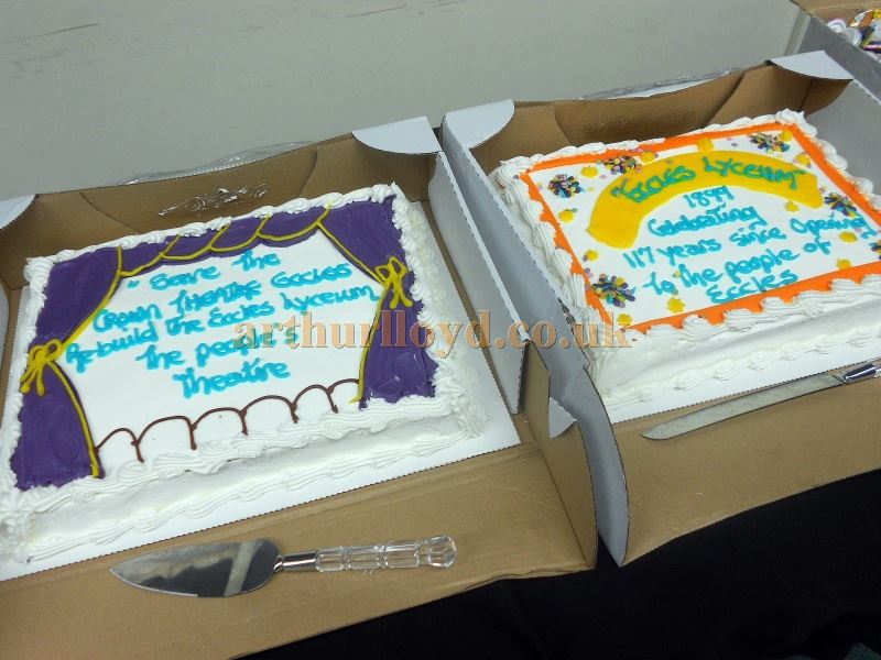 Two Cakes celebrating the 117th birthday of the opening of the Crown Theatre, Eccles, Manchester in a photograph taken in February 2016 - Courtesy Alfred Mason