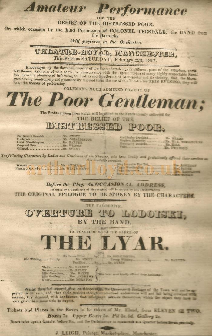 A very early Bill for an amateur production of 'The Poor Gentleman' and 'The Lyar' at the Theatre Royal, Fountain Street, Manchester, for the 22nd of February 1817 - Courtesy Gerrard Shannon and George Richmond.