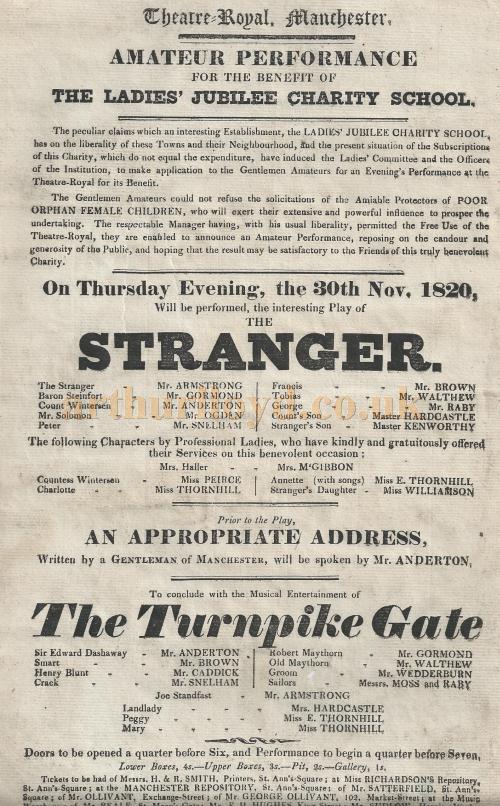 A Bill for an amateur production of 'Stranger' and 'The Turnpike Gate' at the Theatre Royal, Fountain Street, Manchester, on the 30th of November 1820 - Courtesy Gerrard Shannon and George Richmond.