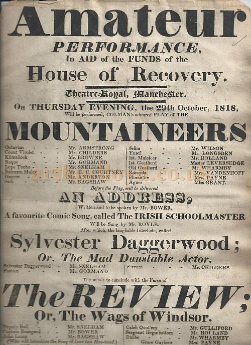A very early Bill for an amateur production of 'Mountaineers' and 'The Review' at the Theatre Royal, Fountain Street, Manchester, for the 29th of October 1818 - Courtesy Gerrard Shannon and George Richmond.