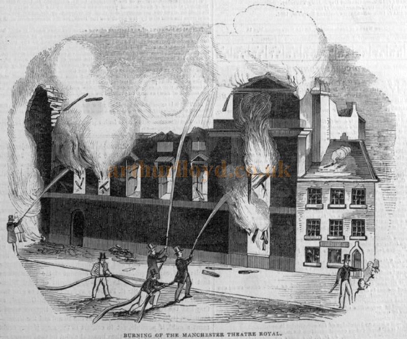 The Theatre Royal, Fountain Street, Manchester during the fire which destroyed it in 1844 - From the Illustrated London News, 11th of May 1844.