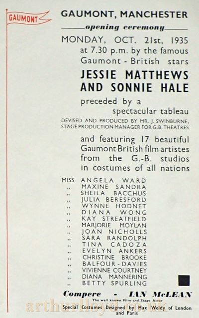 Cast Details for the Opening of the Gaumont Theatre, Manchester from the Souvenir Programme for the opening of the Theatre in October 1935 - Courtesy Alan Walker.