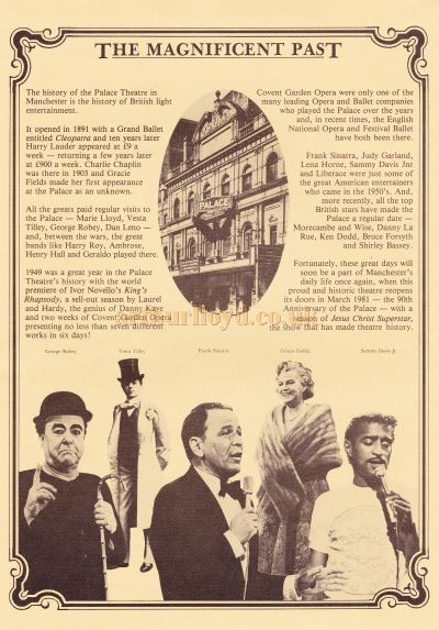 A page from the reopening brochure for the Palace Theatre, Manchester in March 1981.