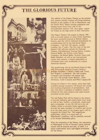 A page from the reopening brochure for the Palace Theatre, Manchester in March 1981.