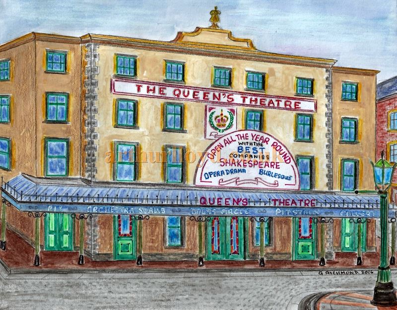 A Watercolour of the Queen's Theatre, Bridge Street, Manchester by George Richmond, February 2017. The painting has been created from a photograph in the book 'Red Plush and Gilt' by Joyce Knowlson. 