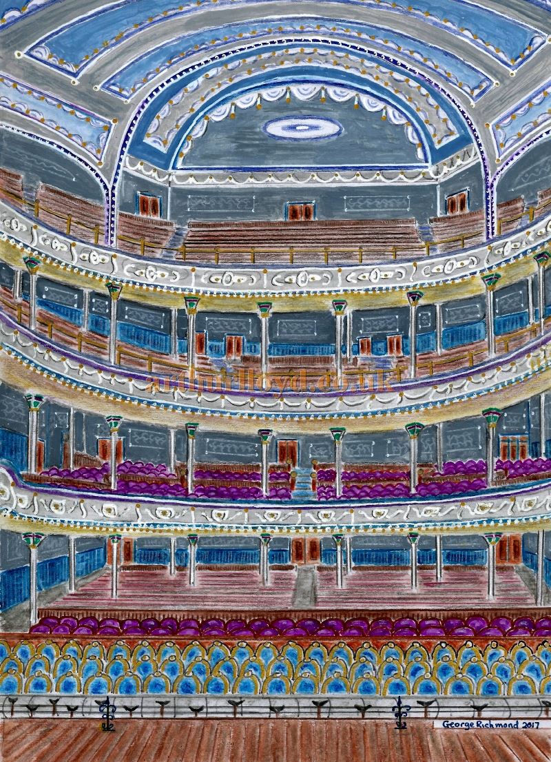 A Watercolour of the Auditorium of the Queen's Theatre, Bridge Street, Manchester by George Richmond, February 2017. The painting has been created from a photograph in the book 'Red Plush and Gilt' by Joyce Knowlson. 