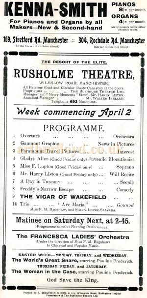 A Bill for the Rusholme Theatre during its Cine Variety years circa 1916 - Courtesy Bruce Anderson