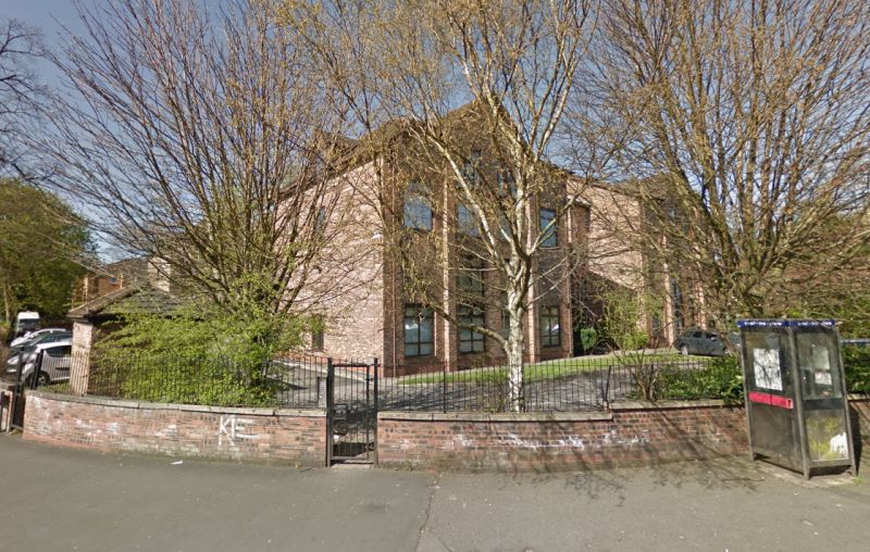 A Google StreetView Image of Crystal House Whalley Range, Manchester, which was built on the site of the former West End Theatre / Odeon Cinema in 1986 - Click to Interact.