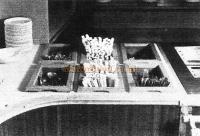 Removable cafeteria cutlery boxes in oak.