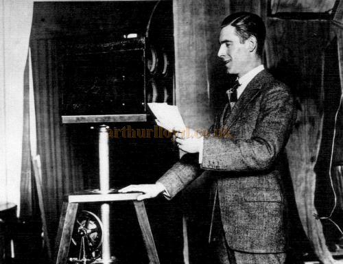 Mr. Stanton Jefferies before the experimental microphone at Marconi House in 1922 or 1923 - Courtesy John A. Strubbe F.R.I.B.A.