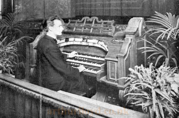 Leslie James at the Console of the 3-manual Compton Organ at the Marlborough Theatre, Holloway in 1930 - From a Compton Theatre Organs Advertisement in The Bioscope, 18th of June 1930.