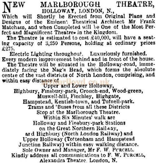An advertisement carried in the ERA of the 10th of November 1900 on the proposed new Marlborough Theatre, Holloway.