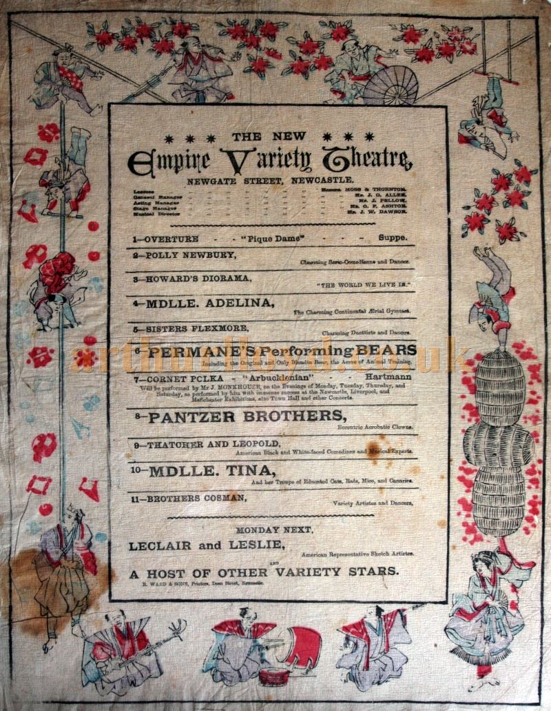 An Early 1890s Programme for the Empire Variety Theatre, Newcastle - Courtesy Byrnice Reeds. 