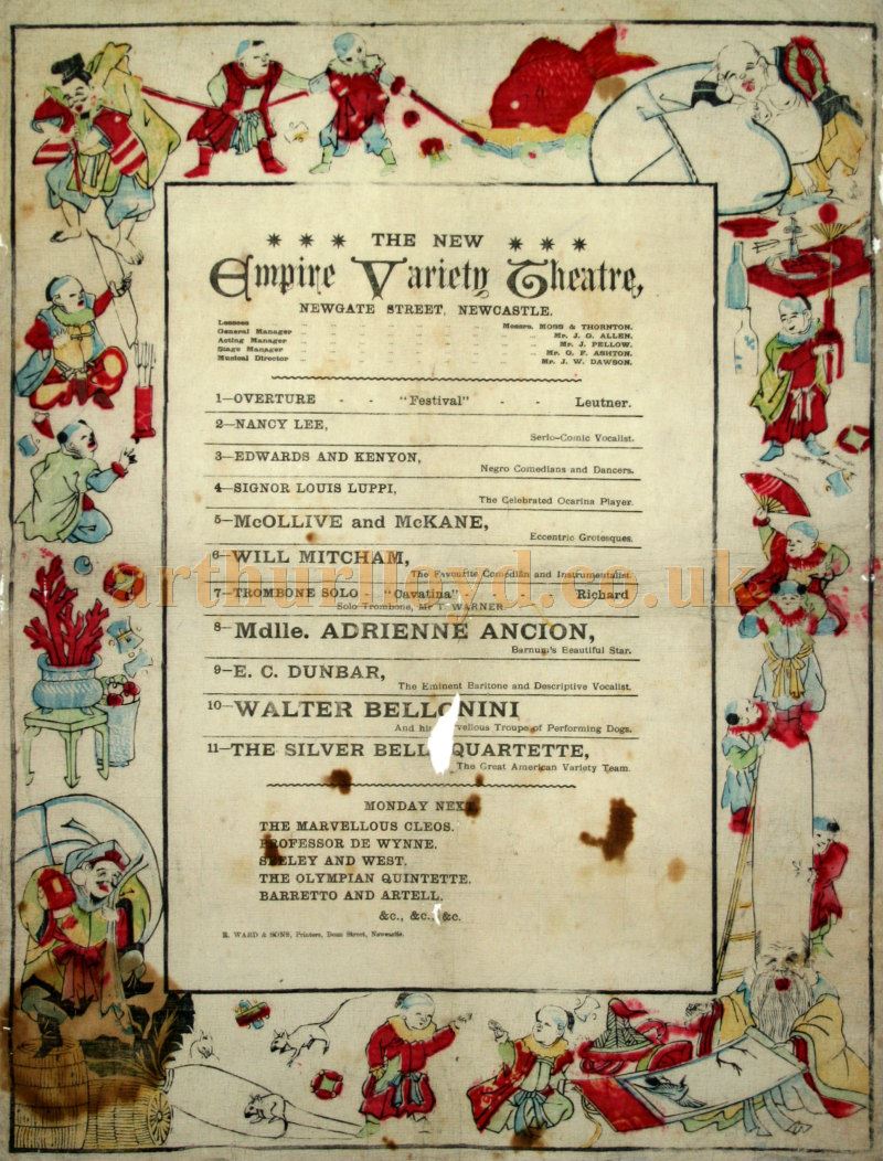 An Early 1890s Programme for the Empire Variety Theatre, Newcastle now held at the Tyne and Wear Archives (catalogue reference DX1475/1) - Courtesy Byrnice Reeds. 