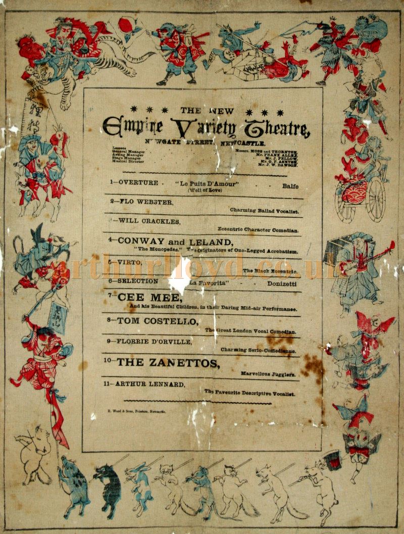 A Programme for the Empire Variety Theatre, Newcastle on August the 6th 1892 now held at the Tyne and Wear Archives (catalogue reference DX1475/1) - Courtesy Byrnice Reeds.