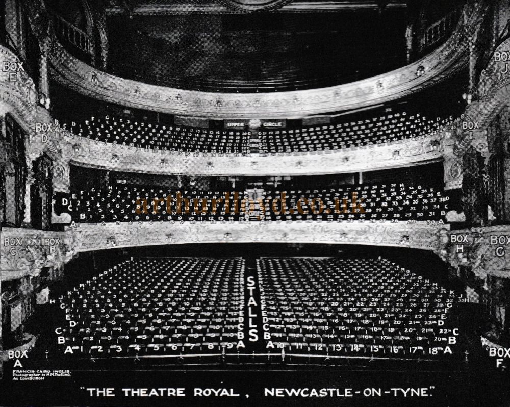The Auditorium of the Theatre Royal, Newcastle with seat numbering added - From Howard & Wyndham's Jubilee Brochure Celebrating 50 Years in Business - Courtesy Ian Grey.