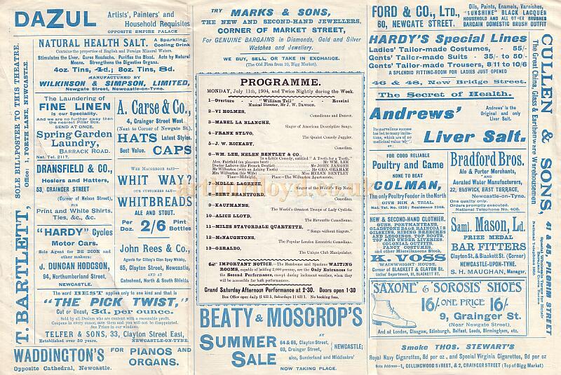 A programme for the New Empire Palace Theatre, Newcastle on July 11th 1904