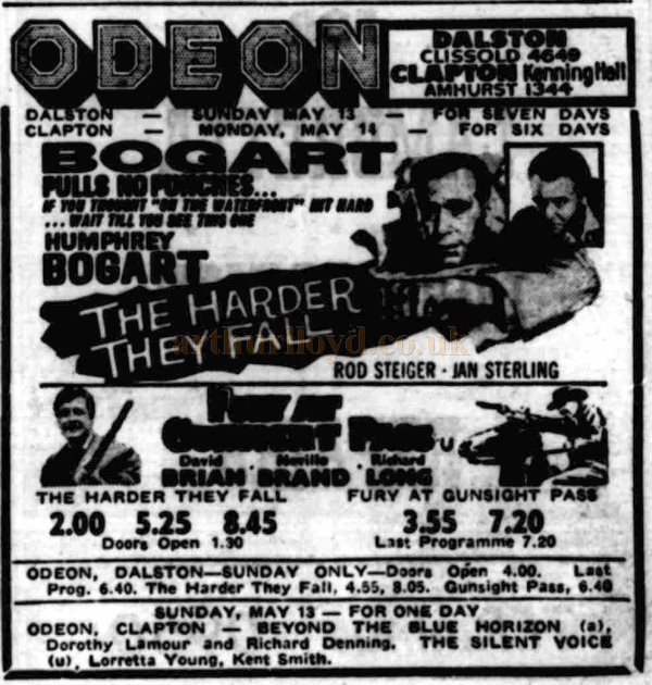 An Advertisement for the Film 'The Harder They Fall' showing at the Odeon, Dalston in 1956 - From the Holloway Press, 11th of May 1956. 