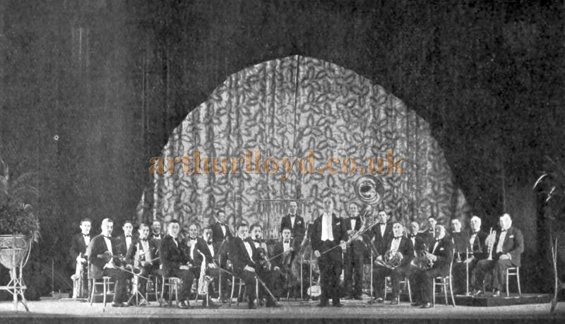 One of the stage attractions at the Orpheum, Golder's Green, is the house orchestra, directed by Kottaun. The elegant draperies form an effective background for this popular 'turn' - From The Bioscope November the 12th 1930.