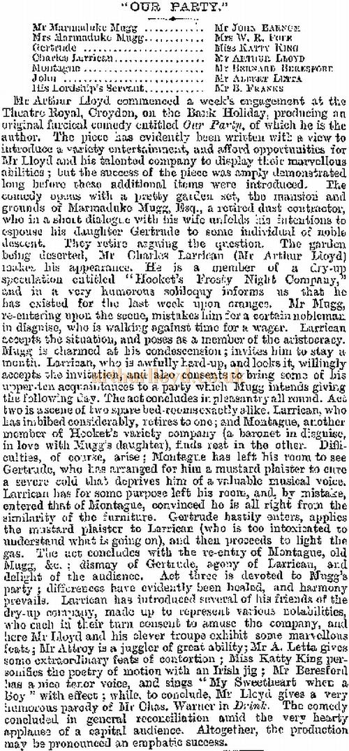 "Our Party" A Review from the ERA, 9th August 1884