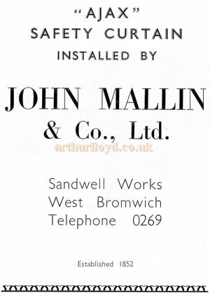 An advertisement for the 'Ajax Safety Curtains by John Mallin & Co., Ltd' - From the New Theatre's opening souvenir brochure in February 1934.
