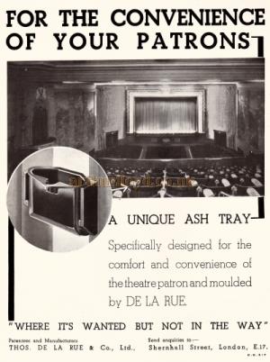 An advertisement for the 'Thos. De La Rue & Co., Ltd Ash Trays' - From the New Theatre's opening souvenir brochure in February 1934. 