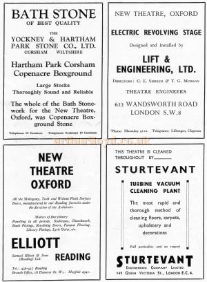 Advertisements for 'Bath Stone, 'Lift & Engineering Co., Ltd', 'Elliot Reading Mahogany, Teak and Walnut', and 'Sturevant Cleaning Materials'- From the New Theatre's opening souvenir brochure in February 1934. 