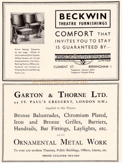 An advertisement for the 'Beckwin Theatre Furnishers' and 'Garton & Thorne Ornamental Metal Work' - From the New Theatre's opening souvenir brochure in February 1934.