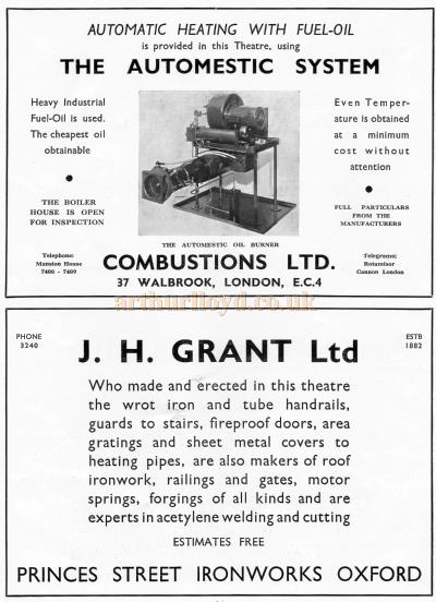 An advertisement for the 'Combustions Ltd Automatic Heating System' and 'J. H. Grant Ltd Ironworks' - From the New Theatre's opening souvenir brochure in February 1934. 