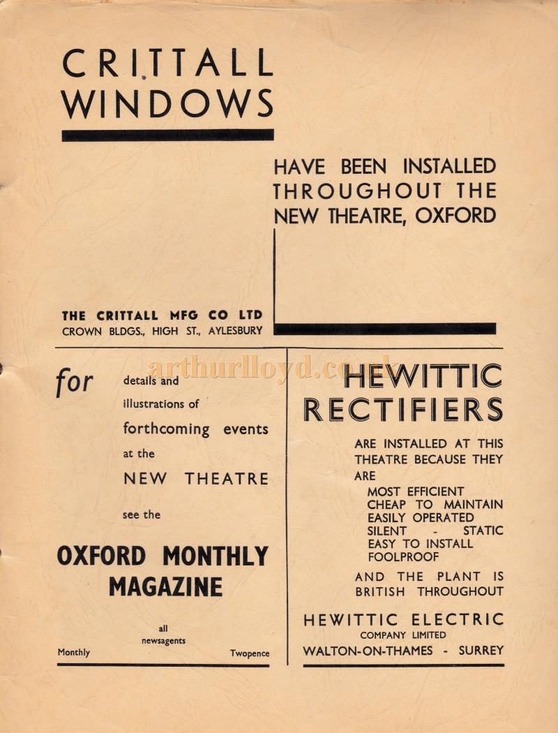 The Back page of the brochure carrying Advertisements for 'Crittall Windows', Hewittic Rectifiers', and 'The Oxford Monthly Magazine'- From the New Theatre's opening souvenir brochure in February 1934. 