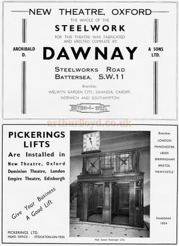 Advertisements for  'Dawnay Steelwork' and 'Pickerings Lifts - From the New Theatre's opening souvenir brochure in February 1934. 