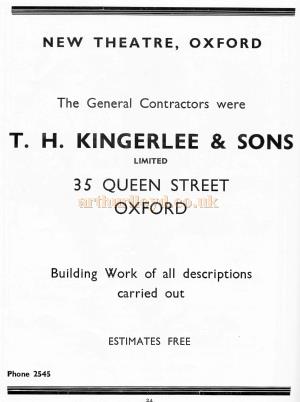An advertisement for the 'T. H. Kingerlee & Sons' - From the New Theatre's opening souvenir brochure in February 1934. 