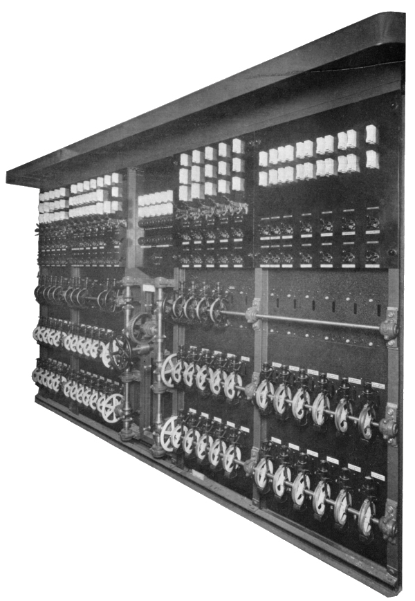 A photograph of the 'Stage Swicthboard and Dimmer Regulator' of the 1934 'New Theatre, Oxford' 'made to the special design of the Consulting Engineers' From the Theatre's opening souvenir brochure in February 1934.