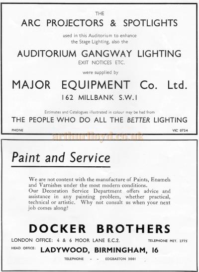 An advertisement for the 'Major Equipment Co., Ltd Arc Projectors & Spotlights' and 'Docker Brothers Paint Services' - From the New Theatre's opening souvenir brochure in February 1934. 