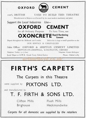 An advertisement for the 'Oxford Cement' and 'Firth's Carpets' - From the New Theatre's opening souvenir brochure in February 1934.