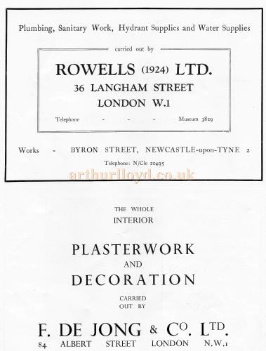 Advertisements for  'Rowells Plumbing' and 'F. De Jong Plasterwork & Decoration' - From the New Theatre's opening souvenir brochure in February 1934. 