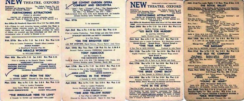 Coming Attraction Cards for the New Theatre, Oxford in 1960 and 1961 - Courtesy Mike McCluskey.