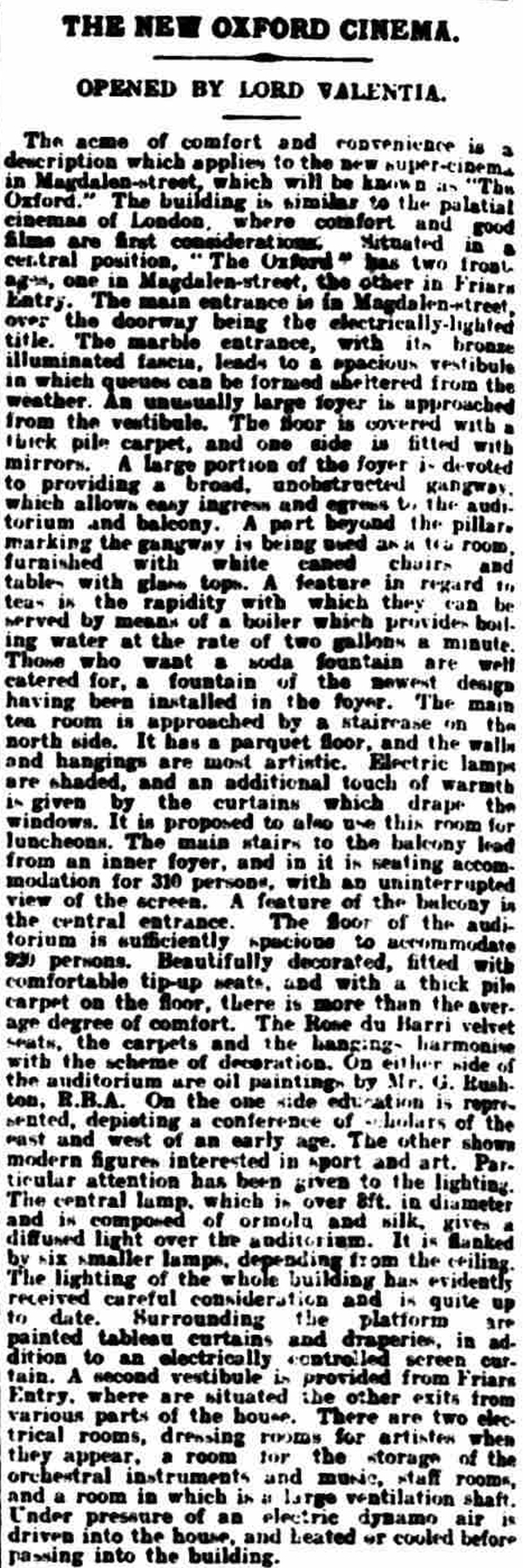 A Report on the new Oxford Cinema, Magdalen Street, Oxford - From the Oxfordshire Weekly News, 9th of January 1924.
