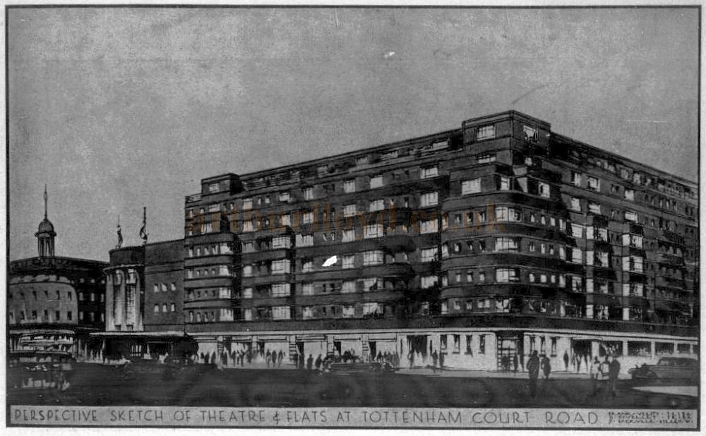 A Perspective Sketch of the Paramount Theatre and Flats at Tottenham Court Road - From The Builder, 28th of February 1936.