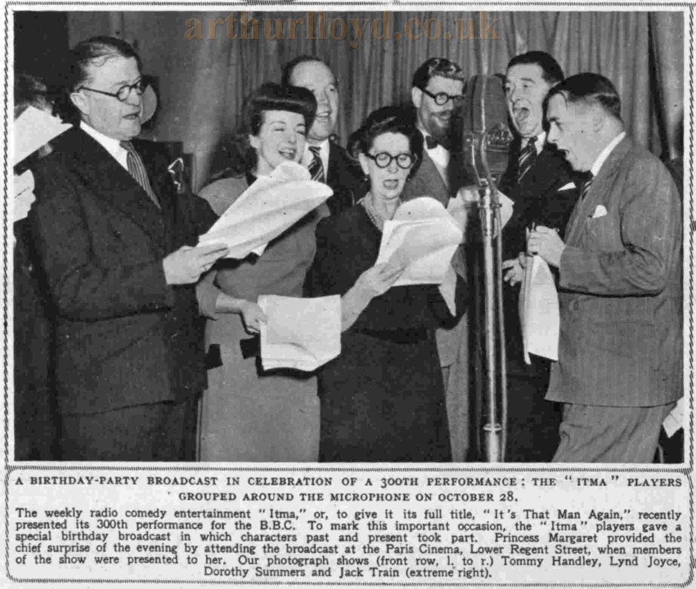 Tommy Handley, Lynd Joyce, Dorothy Summers, Jack Train and others recording a Birthday Broadcast Celebrating the 300th performance of the BBC's 'It's That Man Again' at the Paris Studios in 1948 - From the ILN, 6th of November 1948.