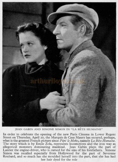 A Photograph of Jean Gabin and Simone Simon in 'La Bete Humaine' the Film which opened the Paris Cinema in 1939 - From The Tatler, 5th of April 1939.
