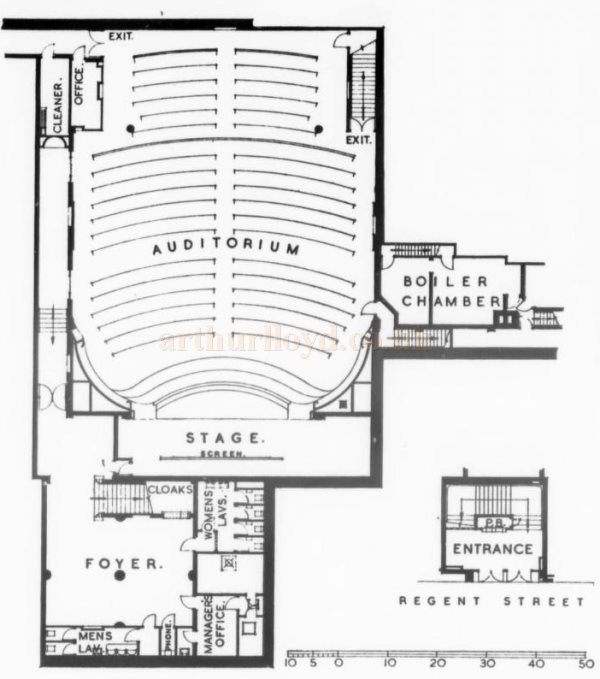 A Plan showing the Paris Cinema in the Basement of Rex House and its Ground Floor Entrance from Lower Regent Street - From The Architects' Journal, 18th of May 1939. 