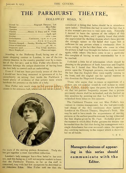 The Cinema News and Property Gazette report on the Parkhurst Theatre, January 8th 1913.