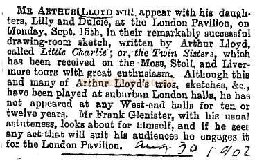 Press Cutting for Arthur Lloyd at the London Pavilion August 30th 1902. 