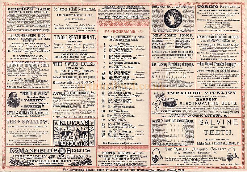 A London Pavilion Programme for February 1st 1892 with Arthur Lloyd on the Bill