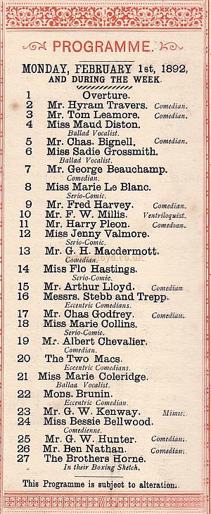 A London Pavilion Programme for February 1st 1892 with Arthur Lloyd on the Bill