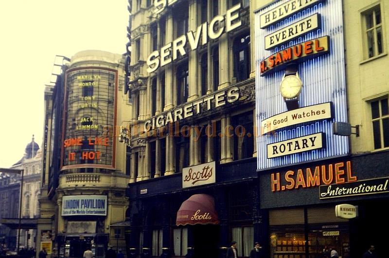 A wonderful Colour Photograph shot in Coventry Street in 1959 / 60 showing the corner of the London Pavilion during the run of the film 'Some Like It Hot'  -  Courtesy Lyle K. Anibal